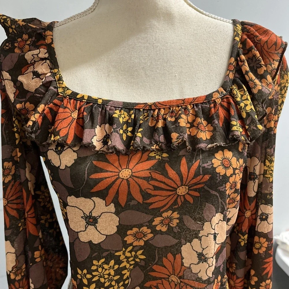 Miss Selfridge Top Brown Sheer Retro Floral Crop Size 8 Boho Hippie Festival - Picture 3 of 9